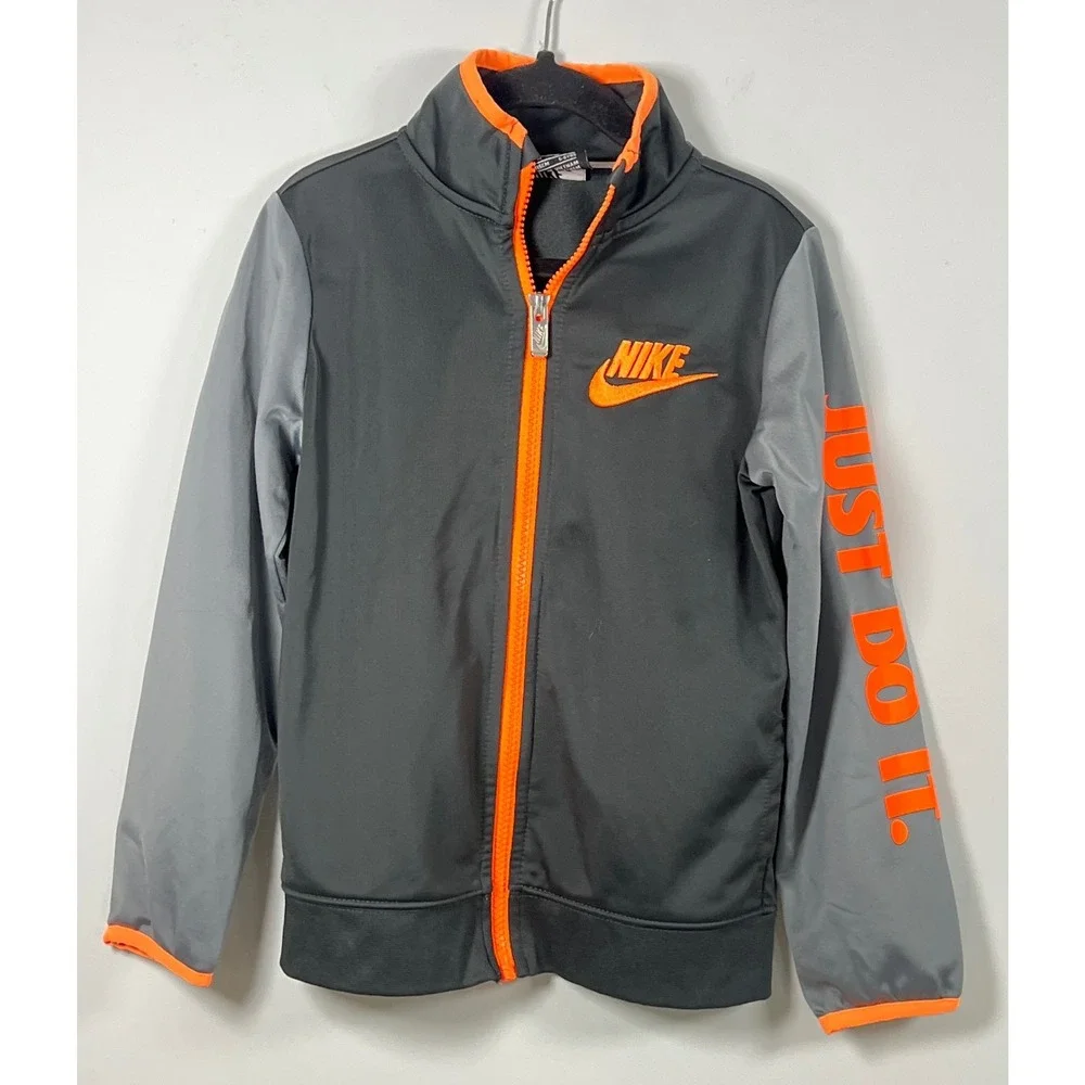 Nike Kids Gray Neon Orange Full Zip Track Suit Jacket Boys Size 6 Sporty Classic